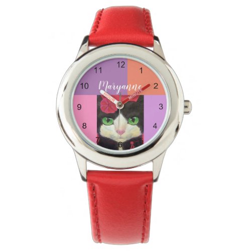 Tuxedo Cat Face Black White Name Illustration Red Watch