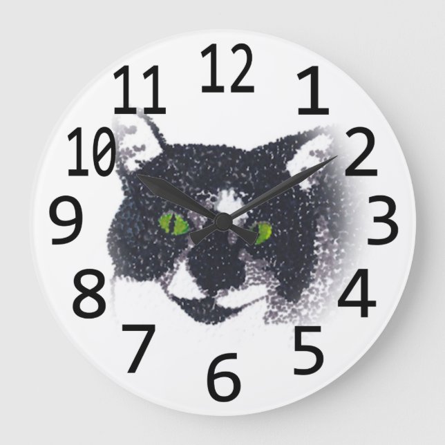 Tuxedo Cat Face Head Pointillism Wall Clocks (Front)