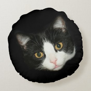 Tuxedo Cat Face Round Pillow by deemac1 at Zazzle