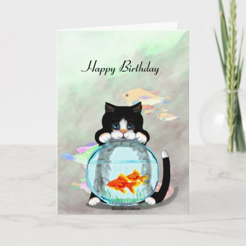 Tuxedo Cat Fishing Birthday Card
