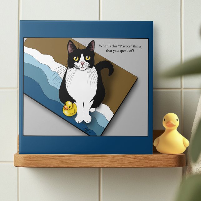 Tuxedo Cat Funny Bathroom Privacy Blue Ceramic Tile (Creator Uploaded)