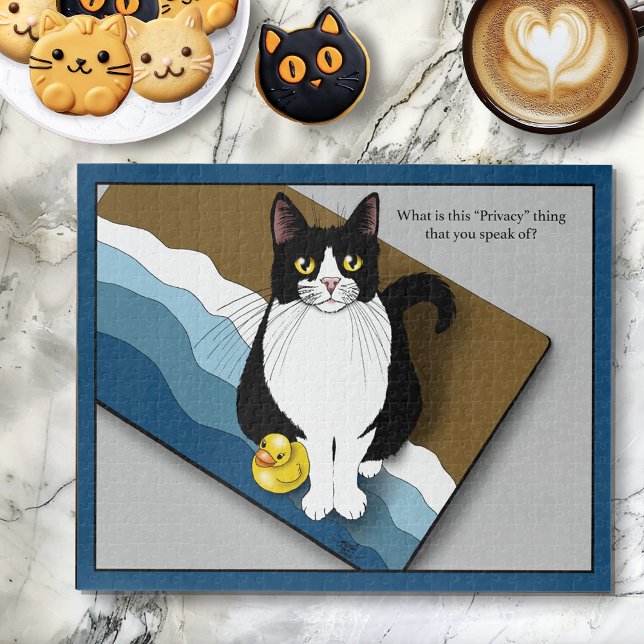Tuxedo Cat Funny Bathroom Privacy Blue Jigsaw Puzzle (Creator Uploaded)