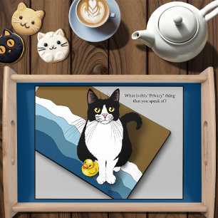 Tuxedo Cat Funny Bathroom Privacy Blue Serving Tray