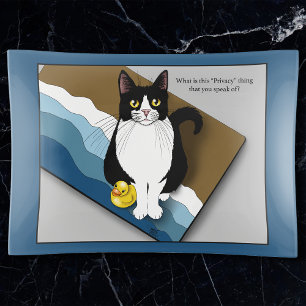 Tuxedo Cat Funny Bathroom Privacy Blue Trinket Tray