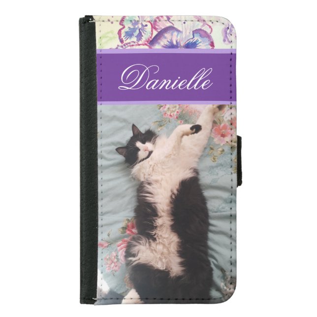Tuxedo Cat Funny Cute doing a Happy Dance Purple Samsung Galaxy Wallet Case (Front)