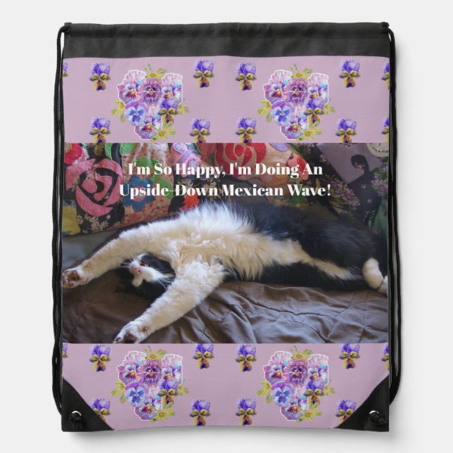 Tuxedo Cat Funny Cute doing a Mexican Wave Quote Drawstring Bag (Front)