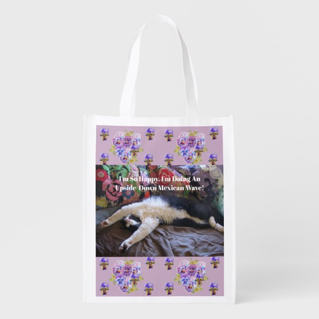 Tuxedo Cat Funny Cute doing a Mexican Wave Quote Grocery Bag (Front)