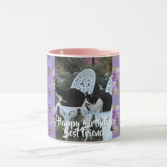 Tuxedo Cat Funny Happy Birthday Friend Mug Purple (Center)