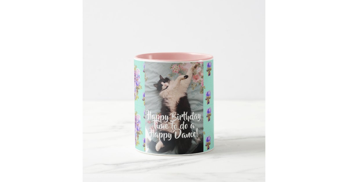 Tuxedo Cat Funny Happy Dance Birthday Mug Aqua Zazzle Com