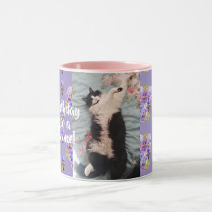Tuxedo Cat Funny Happy Dance Birthday Mug Purple