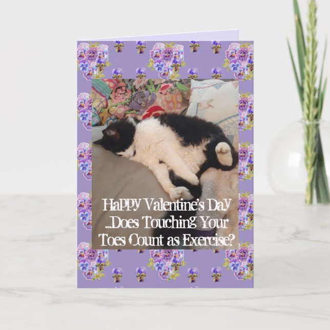 Tuxedo Cat Funny Touching Toes Valentines Day Card (Front)