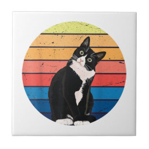 Tuxedo Cat Gift Retro Colors for Animal Lovers Ceramic Tile