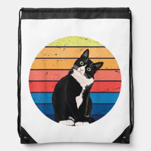 Tuxedo Cat Gift Retro Colors for Animal Lovers Drawstring Bag