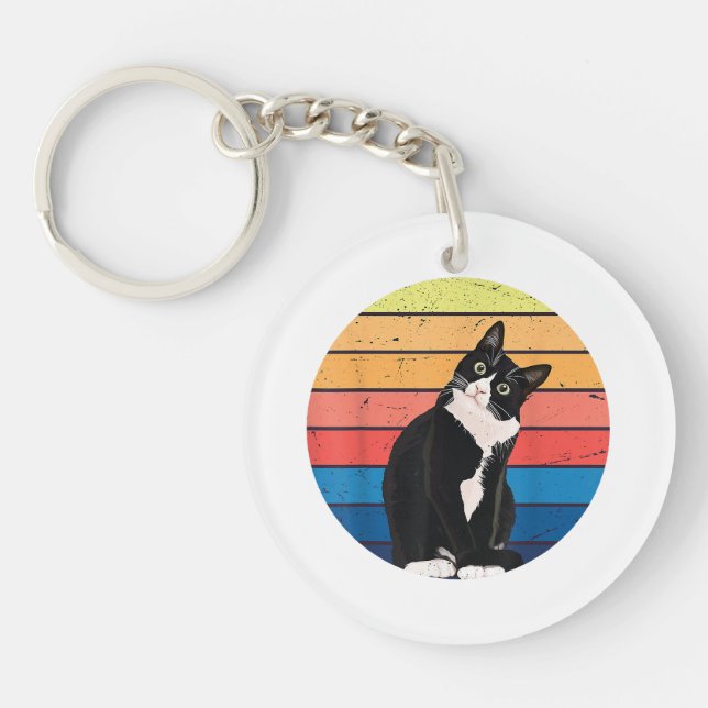 Tuxedo Cat Gift Retro Colors for Animal Lovers Keychain (Front)
