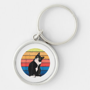Tuxedo Cat Gift Retro Colors for Animal Lovers Keychain