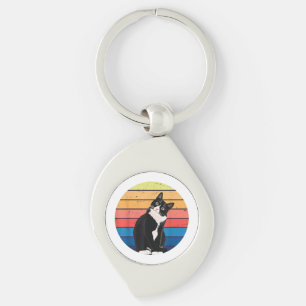 Tuxedo Cat Gift Retro Colors for Animal Lovers Keychain