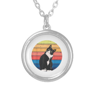 Tuxedo Cat Gift Retro Colors for Animal Lovers Silver Plated Necklace