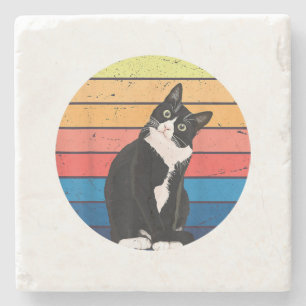 Tuxedo Cat Gift Retro Colors for Animal Lovers Stone Coaster