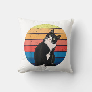 Tuxedo Cat Gift Retro Colors for Animal Lovers Throw Pillow