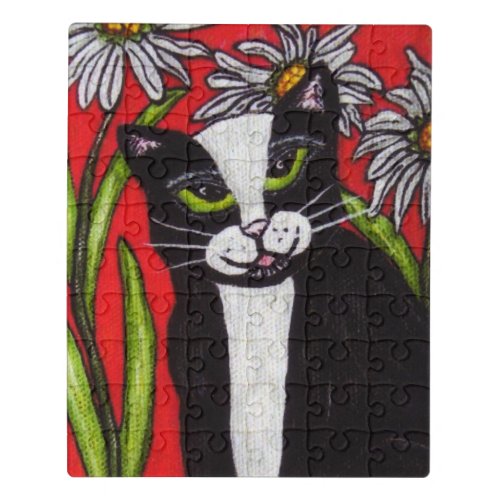 Tuxedo Cat Green Eyes White Daisy Flowers Red Jigsaw Puzzle