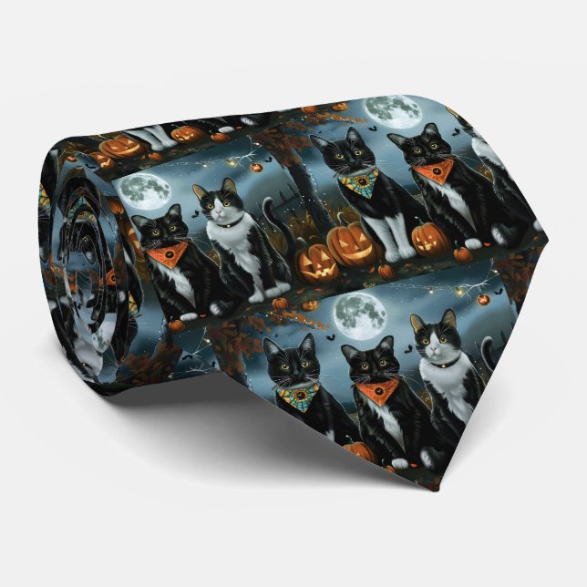 Tuxedo Cat Halloween Spooky Neck Tie (Rolled)