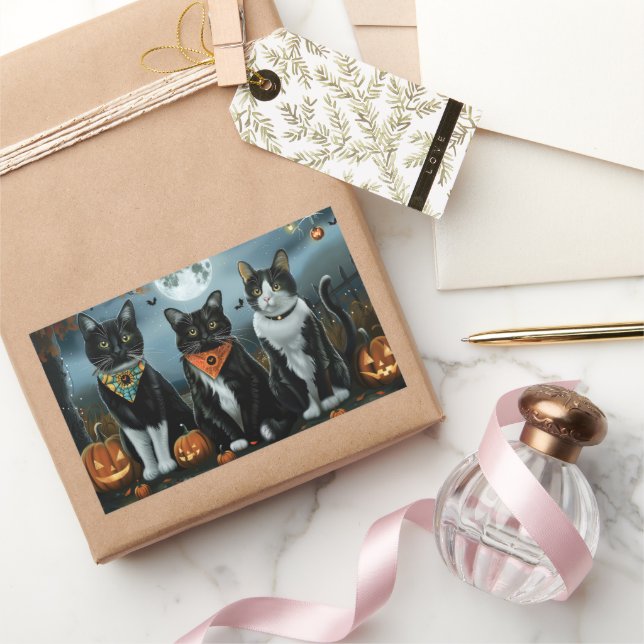 Tuxedo Cat Halloween Spooky Rectangular Sticker (Gifting)