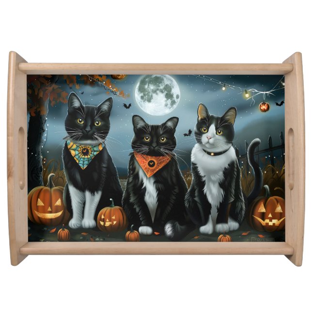 Tuxedo Cat Halloween Spooky Serving Tray (Front)