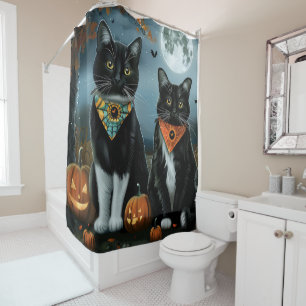 Tuxedo Cat Halloween Spooky Shower Curtain
