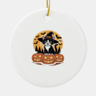 Tuxedo Cat Halloween Witch Cute Pumpkins Essential Ceramic Ornament