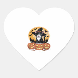 Tuxedo Cat Halloween Witch Cute Pumpkins Essential Heart Sticker