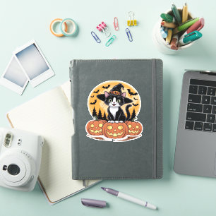 Tuxedo Cat Halloween Witch Cute Pumpkins Essential Sticker