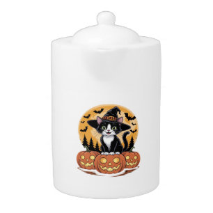 Tuxedo Cat Halloween Witch Cute Pumpkins Essential Teapot