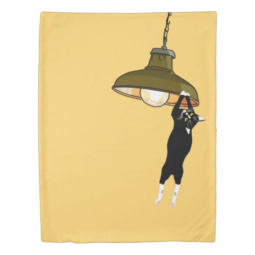 Tuxedo Cat Hanging on Lamp Duvet Cover