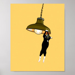 Tuxedo Cat Hanging on Lamp  Poster