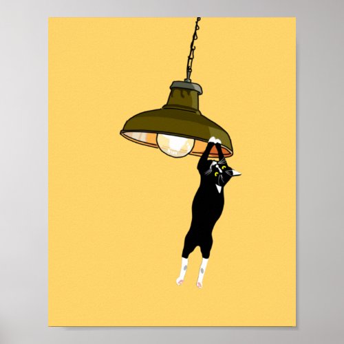 Tuxedo Cat Hanging on Lamp  Poster