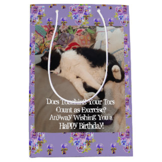 Tuxedo Cat Happy Birthday Touching Toes Postcard Medium Gift Bag