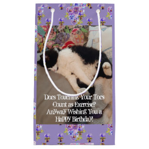Tuxedo Cat Happy Birthday Touching Toes Postcard Small Gift Bag