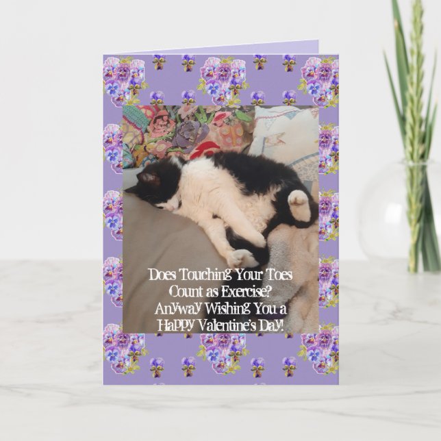 Tuxedo Cat Happy Valentines Day Touching Toes Card (Front)