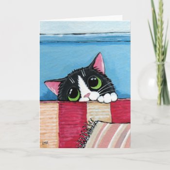 Tuxedo Cat Hiding | Cat Art Greeting Card by LisaMarieArt at Zazzle