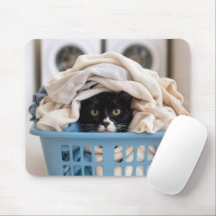 Tuxedo Cat Hiding in Laundry Basket Mouse Pad