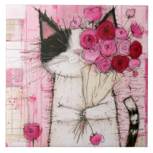 Tuxedo Cat Holding Pink Rose Bouquet Ceramic Tile