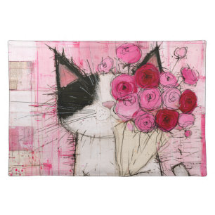 Tuxedo Cat Holding Pink Rose Bouquet Cloth Placemat