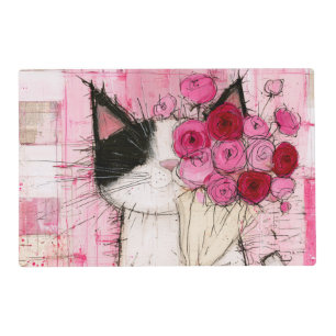 Tuxedo Cat Holding Pink Rose Bouquet Placemat