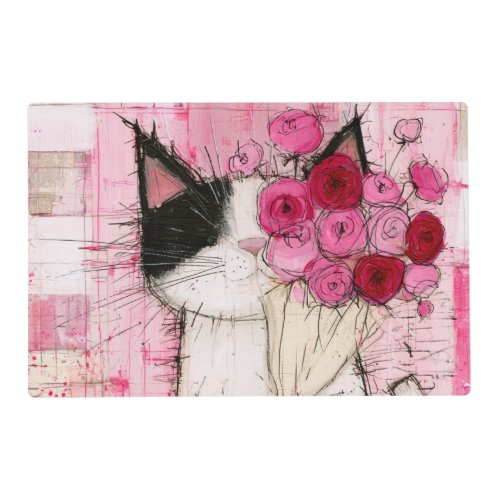 Tuxedo Cat Holding Pink Rose Bouquet Placemat