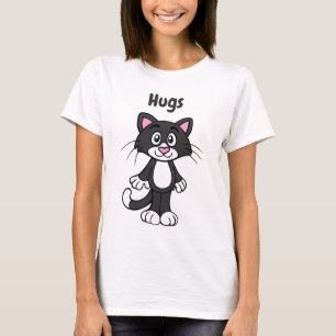 Tuxedo cat hugs tee shirt