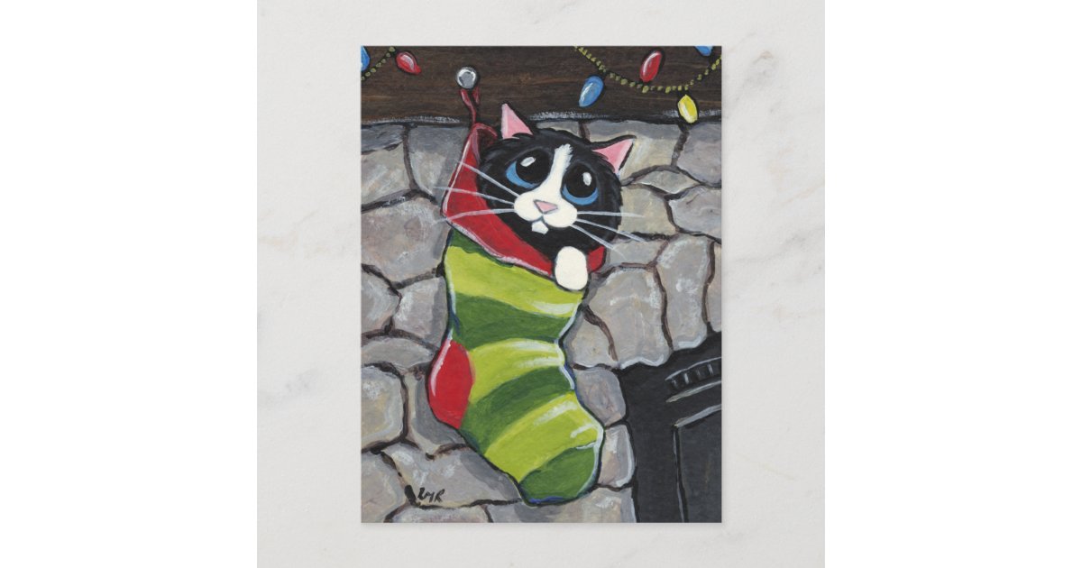 Tuxedo Cat In A Christmas Stocking Art Postcard Zazzle Com
