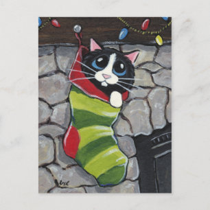 Tuxedo Cat in a Christmas Stocking Art Postcard