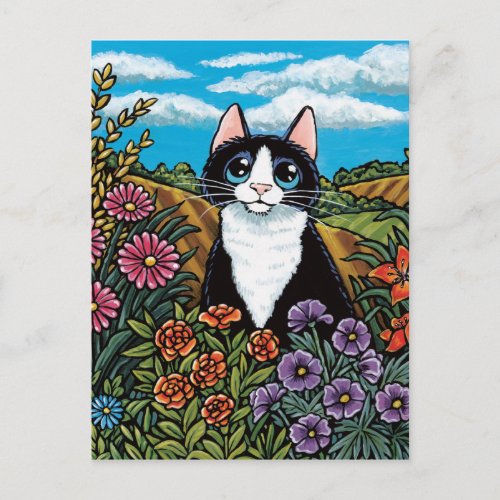 Tuxedo Cat in a Flower Field Meadow Postcard
