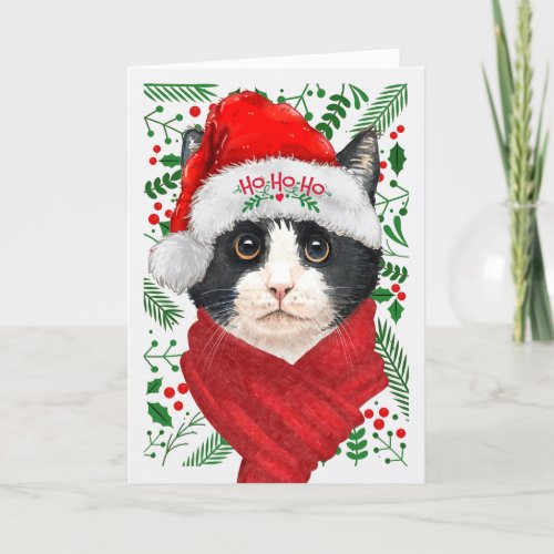 Tuxedo Cat in a Santa Hat Meowy Christmas Holiday Card