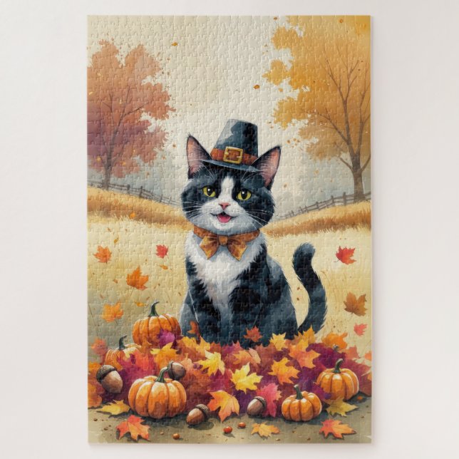 Tuxedo Cat In Autumn Leaves Thanksgiving Art Jigsaw Puzzle (Vertical)